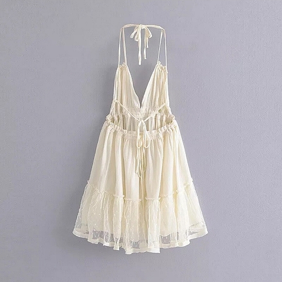 NEW Boho Mesh Tulle Dot Ruffle Halter Mini Dress Off White Cream Ivory - Picture 9 of 14